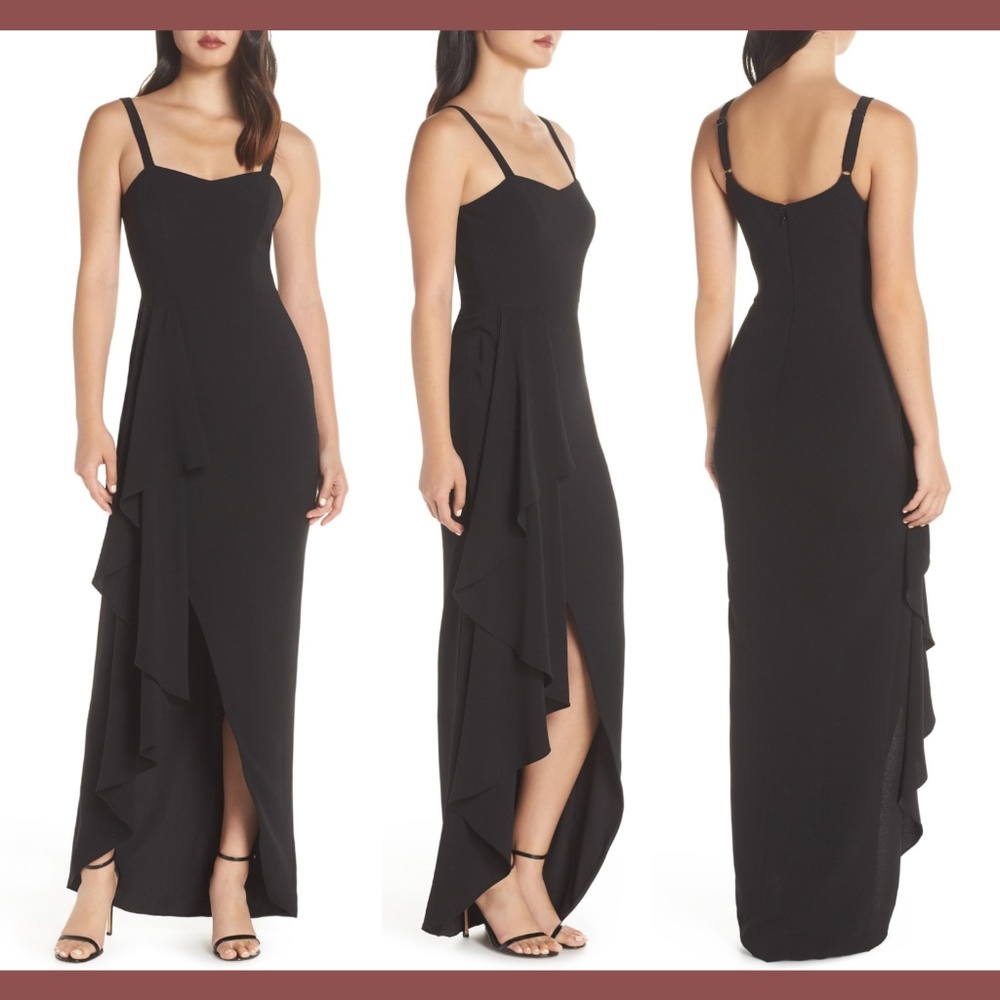 NWT $258‎ Dress the Population Cora Waterfall Crepe Gown Black [SZ Medium ]